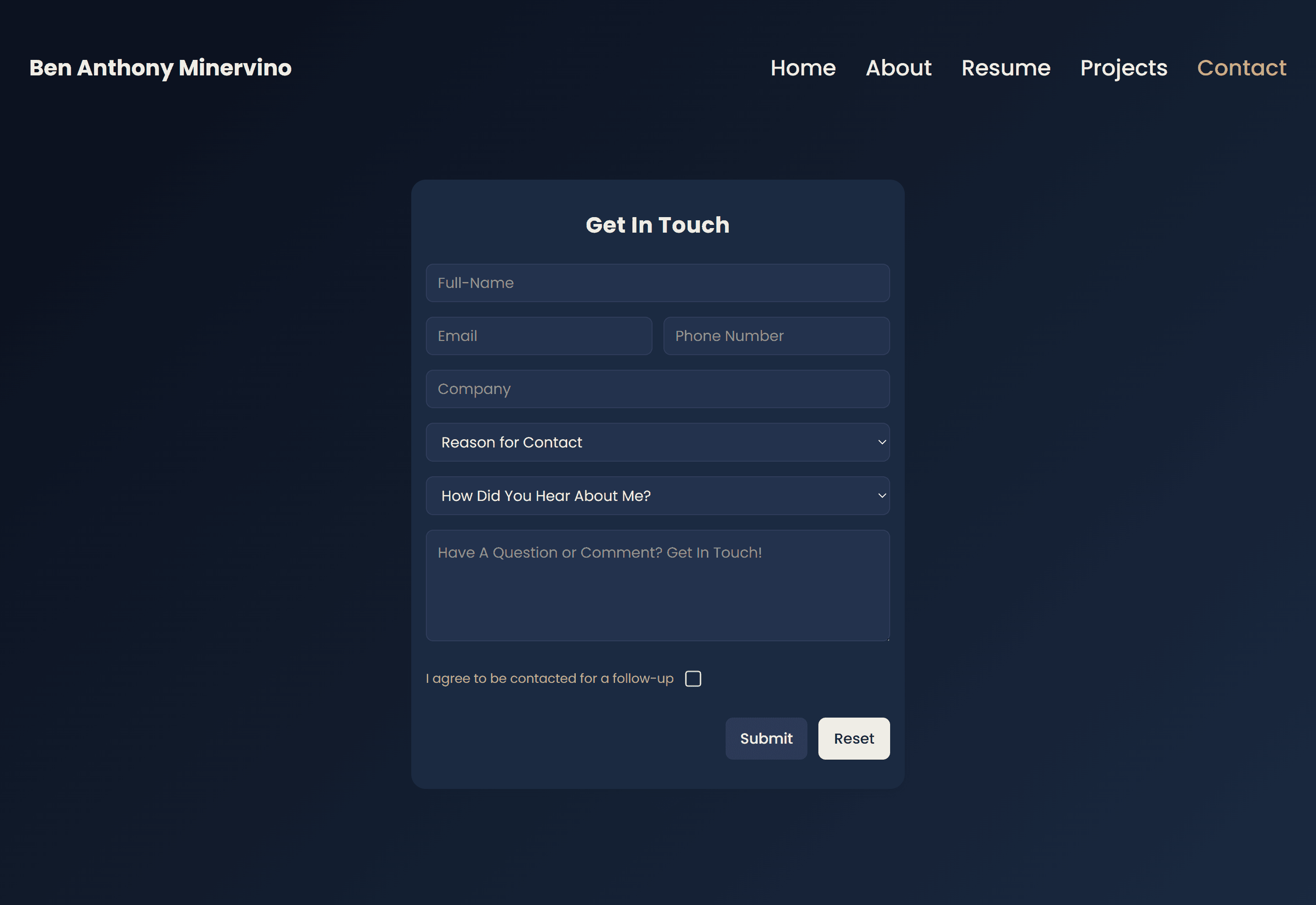 Contact page from Ben Anthony Minervino’s personal website with a professional contact form for inquiries and project requests.