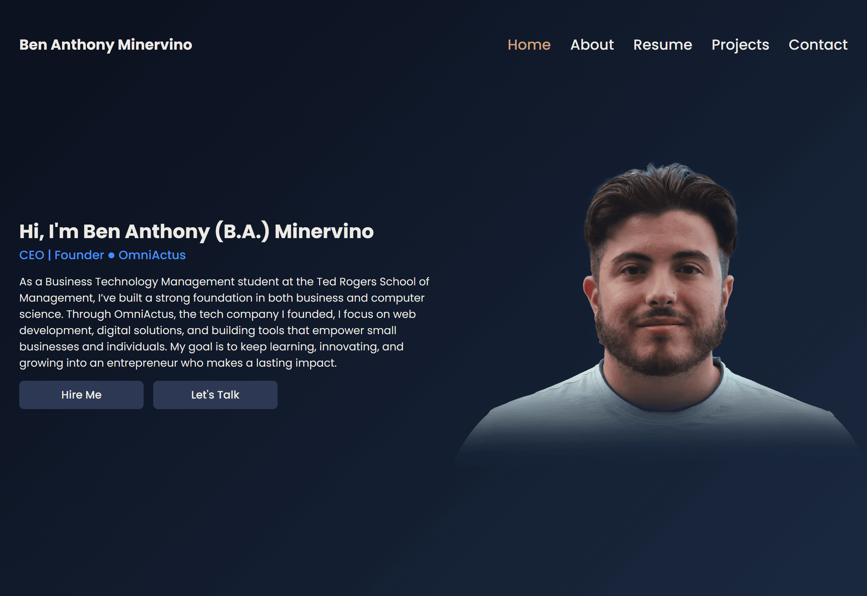 Ben Anthony Minervino personal website homepage showcasing a professional bio, student credentials, and resume call-to-action.