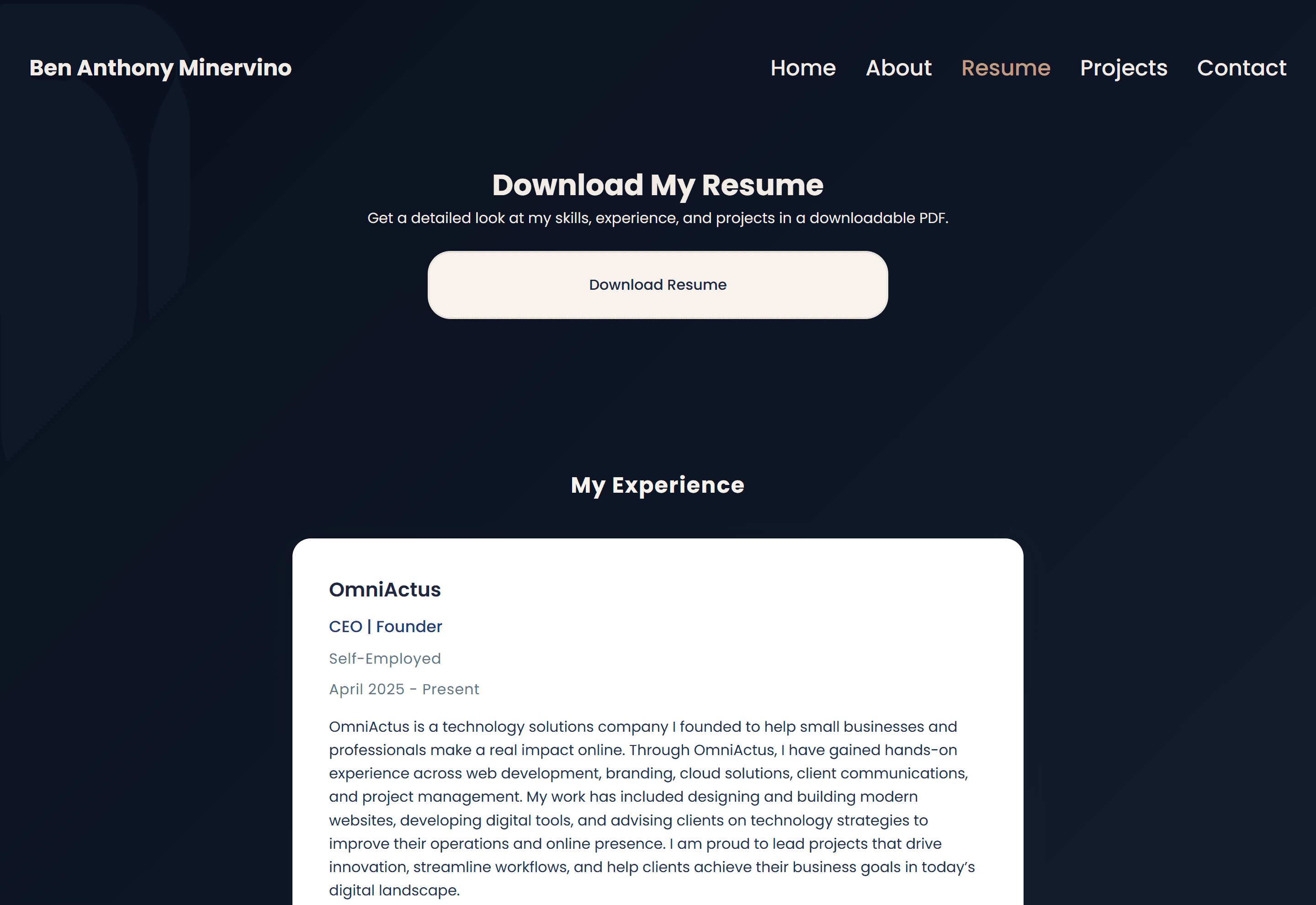Resume page on Ben Anthony Minervino's portfolio website featuring a resume section with different experience tabs.