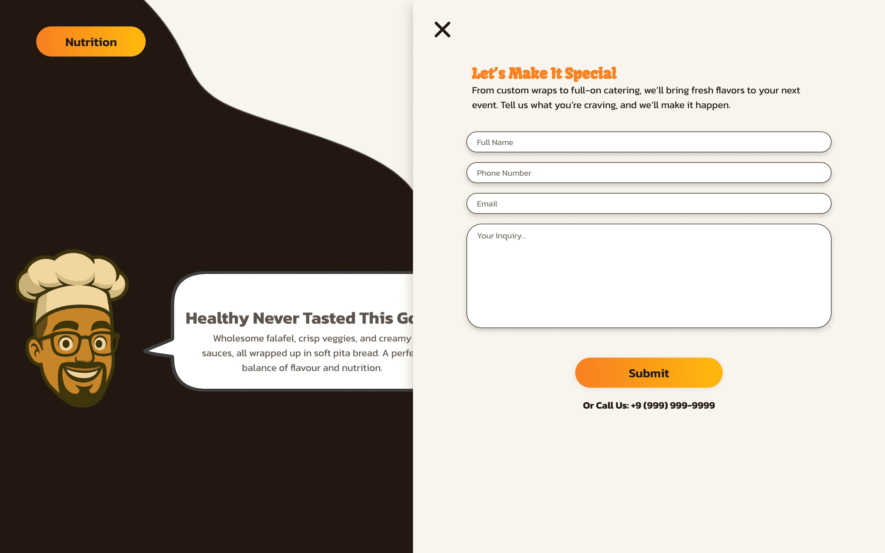 Lava Fava online catering inquiry form with custom order fields for name, phone, email, and message, designed in a playful food-themed style.