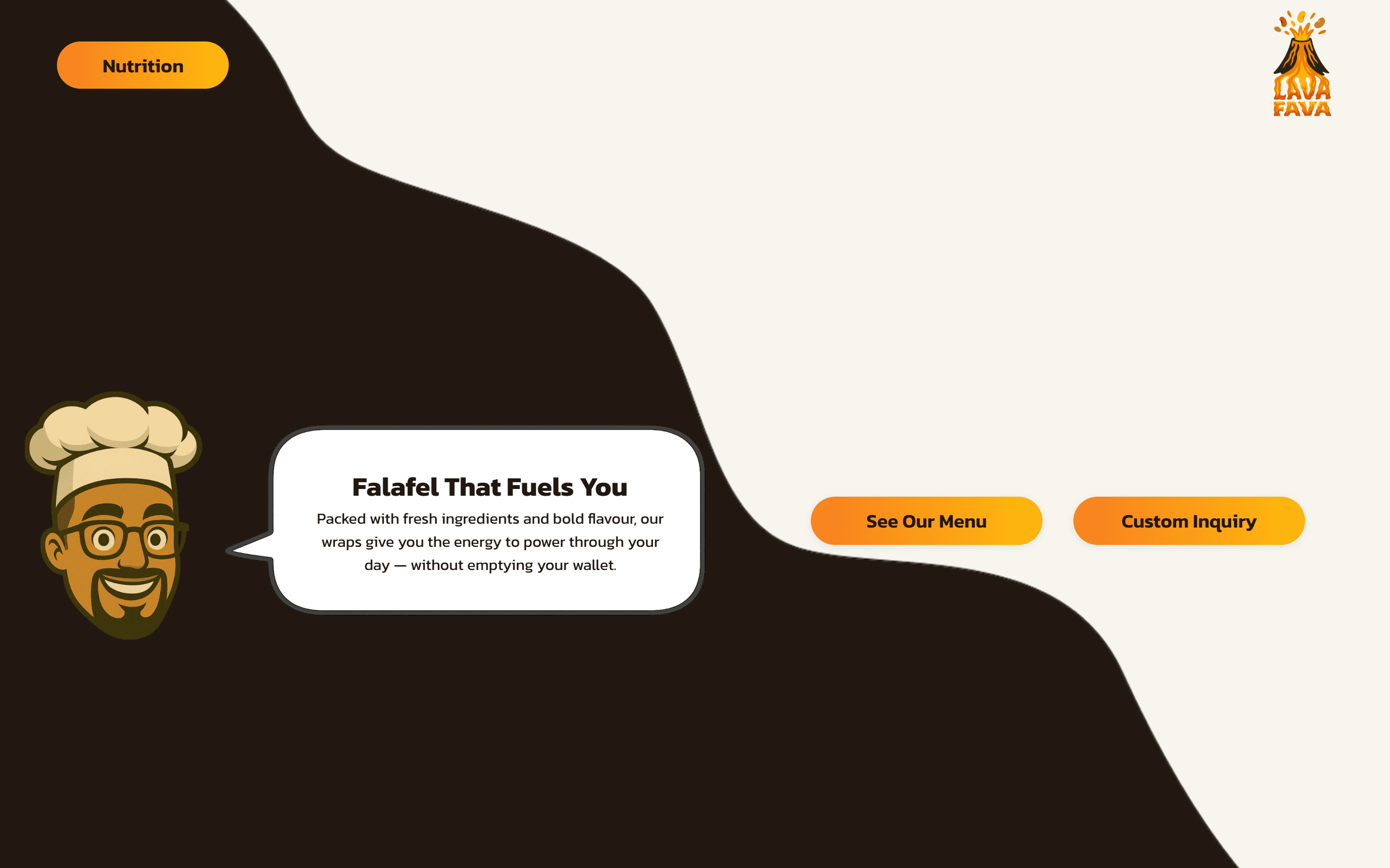Lava Fava homepage hero section featuring cartoon chef mascot, tagline ‘Falafel That Fuels You,’ and call-to-action buttons for viewing menu or sending a custom inquiry