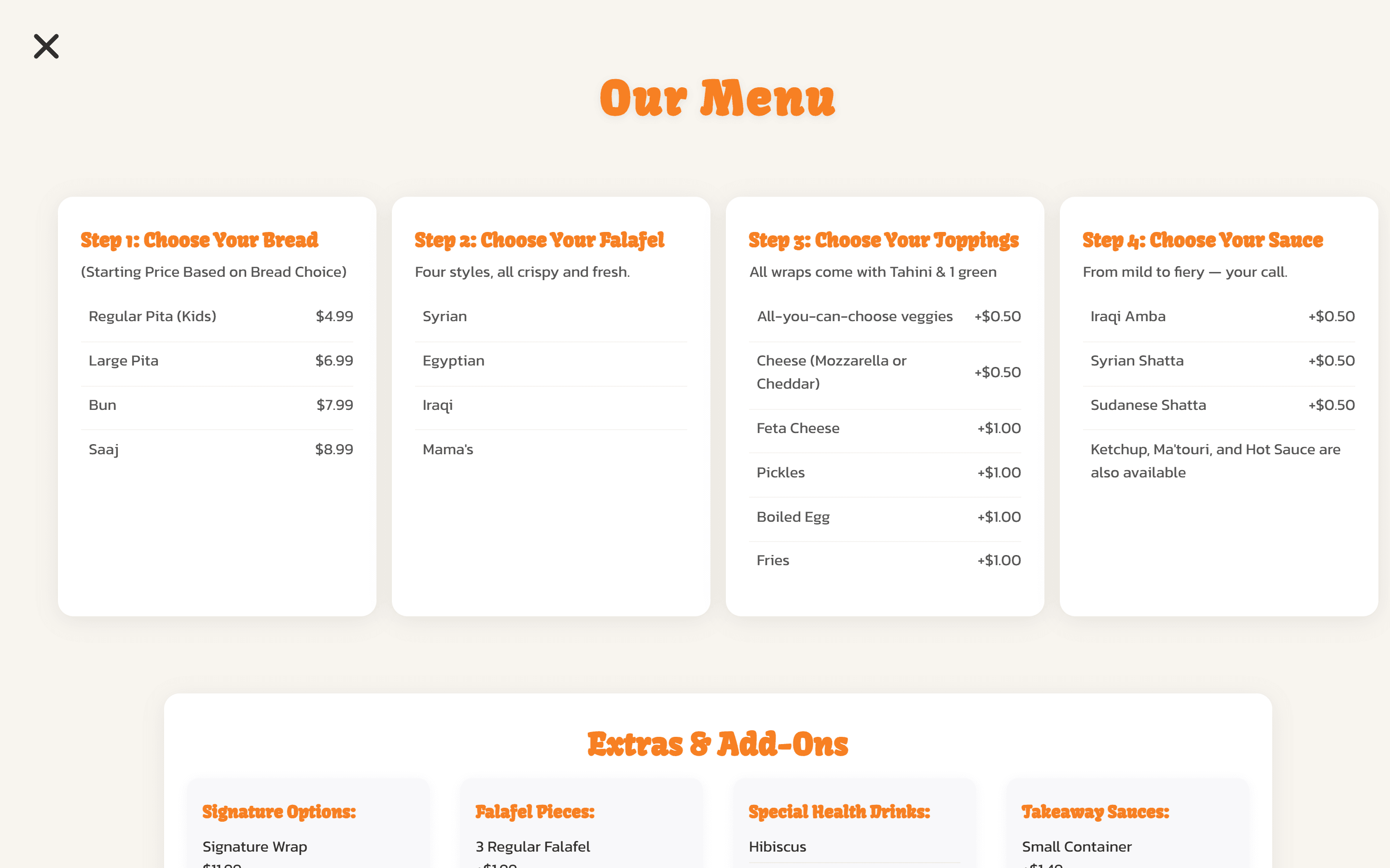 Lava Fava menu page with step-by-step falafel wrap customization options including bread, falafel style, toppings, and sauces, plus extras and add-ons.