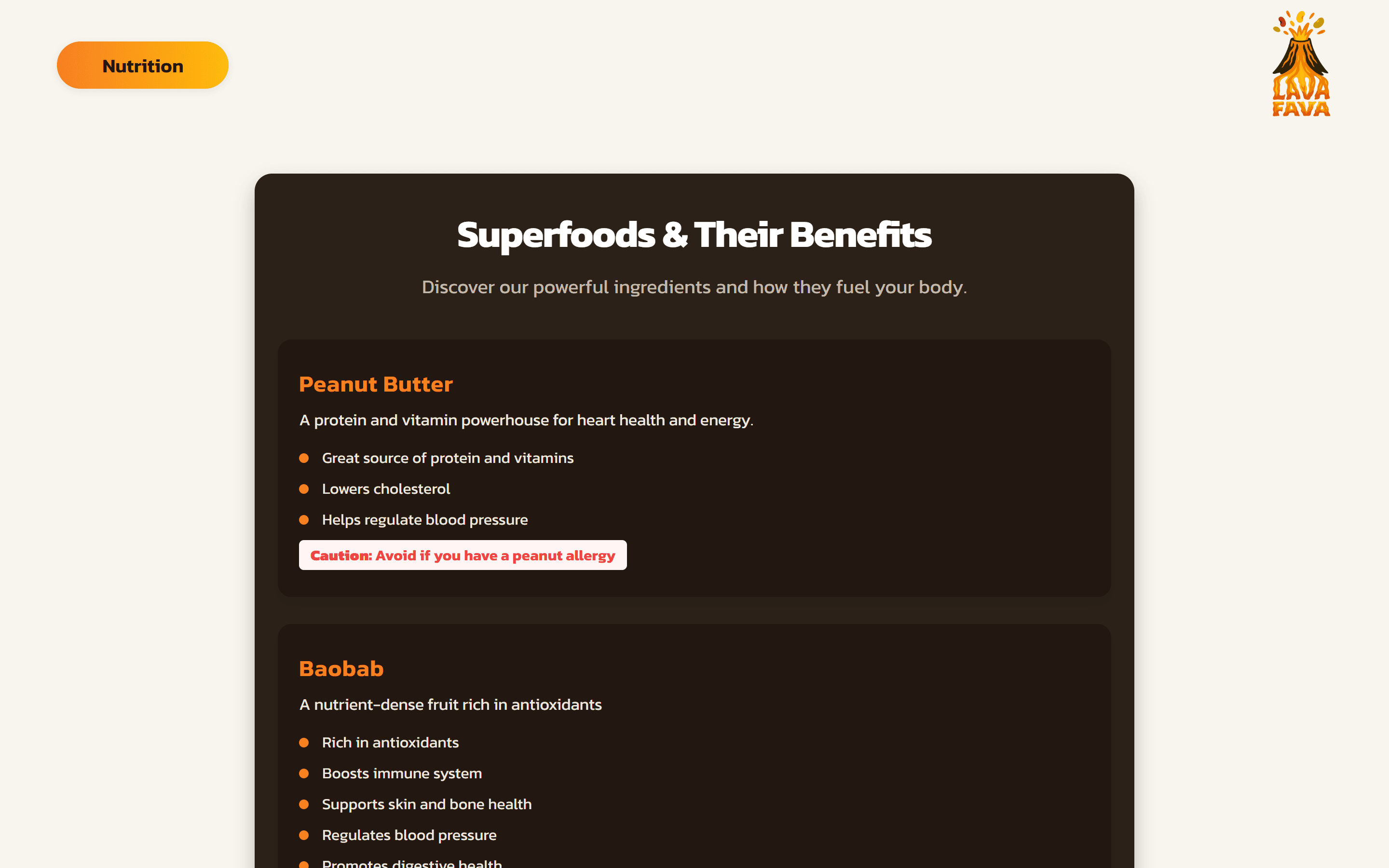 Lava Fava nutrition page showcasing superfoods and their health benefits, including peanut butter and baobab, with clear bullet points and allergy warnings.