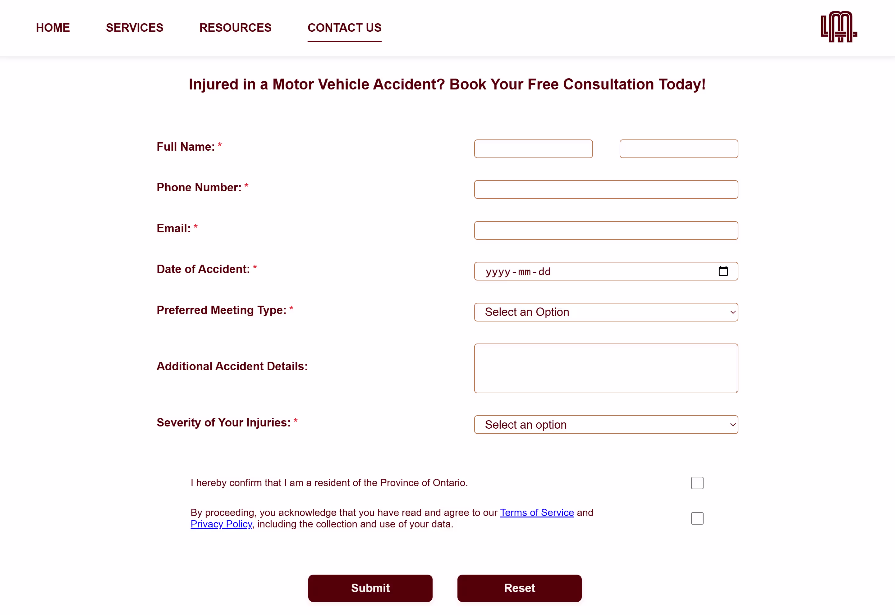 Contact page of L. Minervini Professional Corporation website with secure online form for legal inquiries, client consultations, and paralegal service requests.