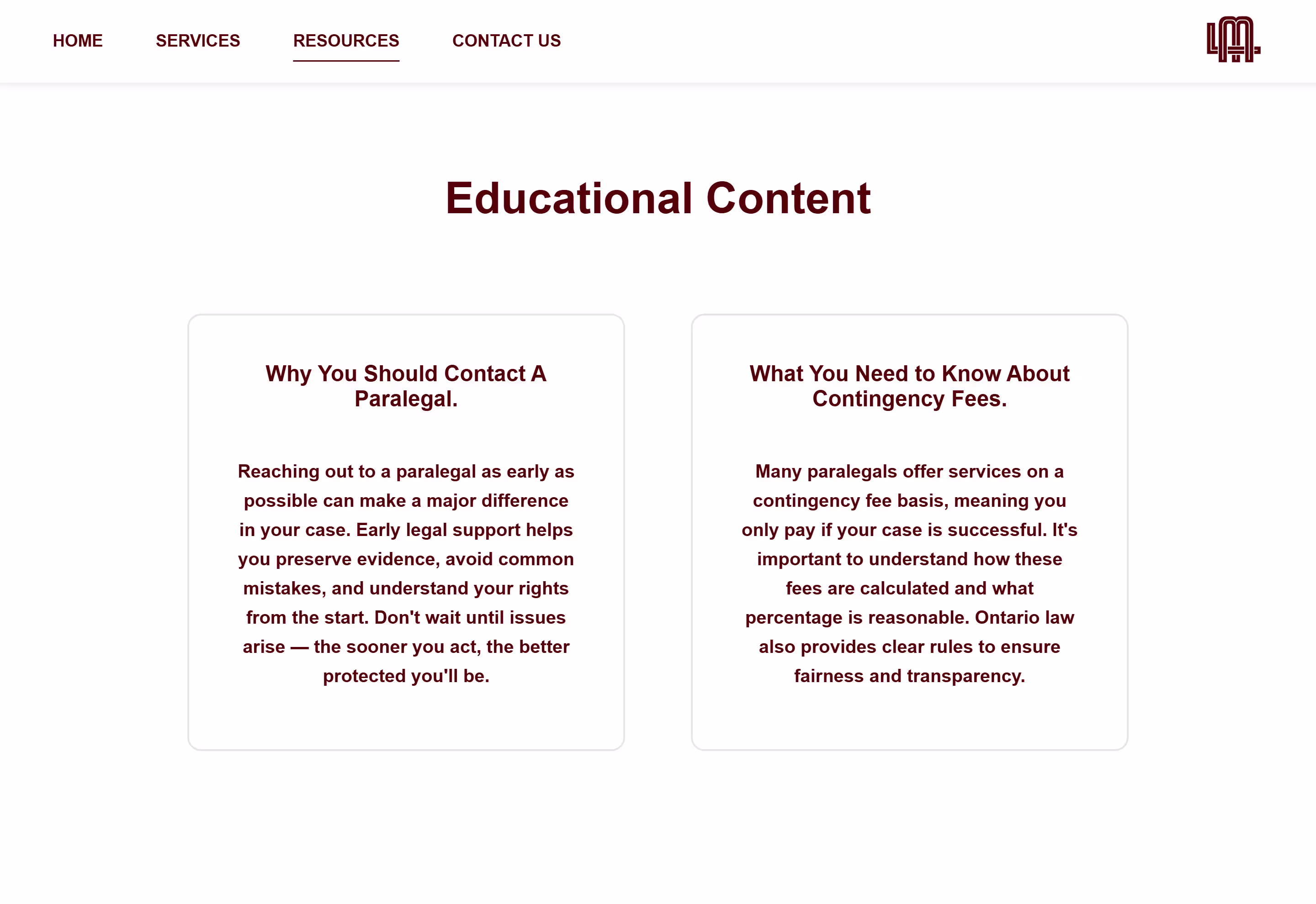 Educational resources page on L. Minervini Professional Corporation website providing legal information, FAQs, and guidance for clients seeking paralegal support.
