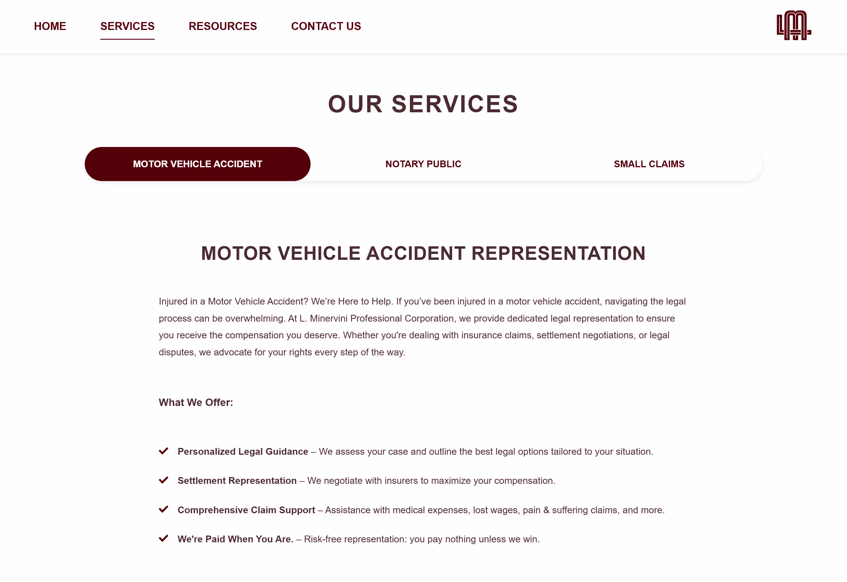 Legal services page of L. Minervini Professional Corporation website detailing paralegal expertise in car accident claims, insurance disputes, and client representation.